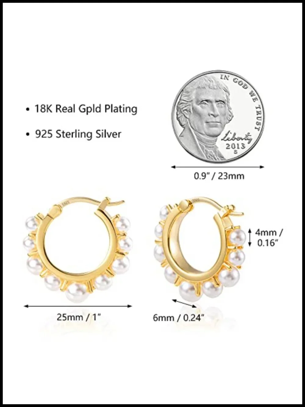 14k Gold Plated Pearl Hoop Earrings Hypoallergenic for Women Daily Wear
